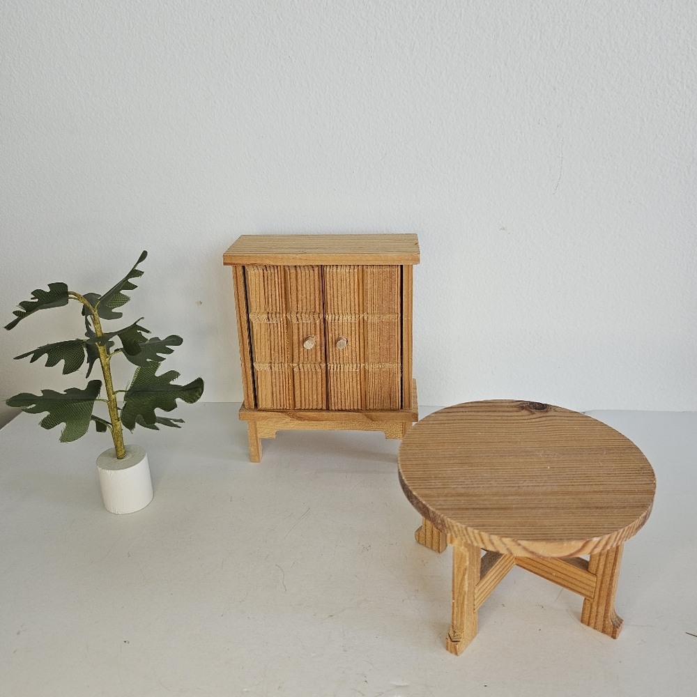 Vtg Lundby DollsHouse Miniature Furniture Wood Cupboard Side Table Floor Plant